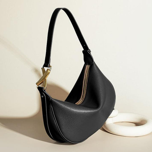Luna Crescent Shoulder Bag – Black Genuine Leather with Gold Hardware