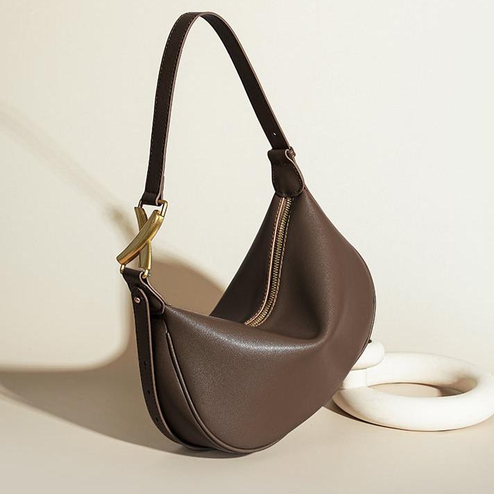 Luna Crescent Shoulder Bag – Black Genuine Leather with Gold Hardware
