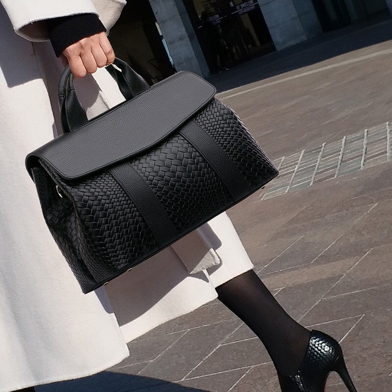 Lyla Luxury Black Woven Leather Tote Bag for Women