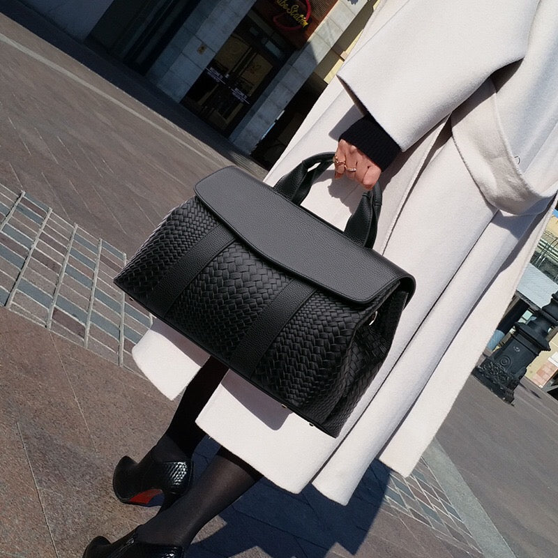 Lyla Luxury Black Woven Leather Tote Bag for Women