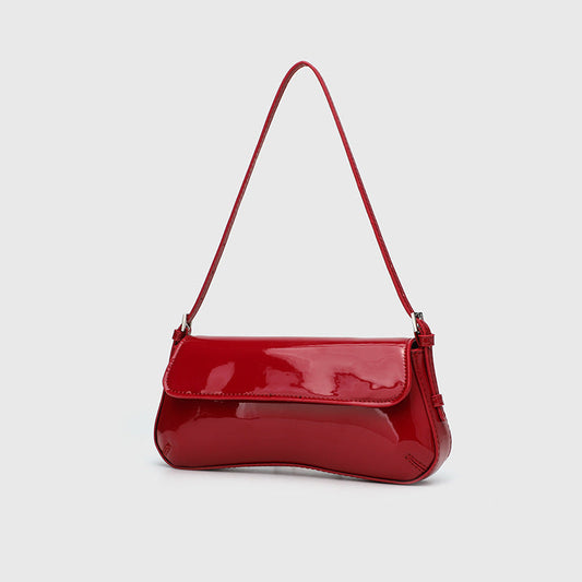 Lina | Glossy Vegan Leather Shoulder Bag – Sleek Flap & Retro Baguette Shape
