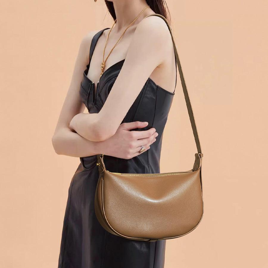 Luna Crescent Shoulder Bag – Black Genuine Leather with Gold Hardware