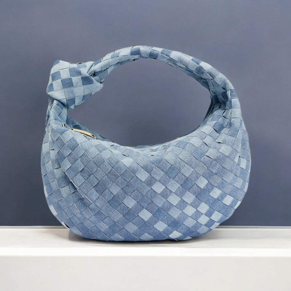 Aurora Woven Lamb Leather Hobo Bag – Light Blue Handmade in Italy