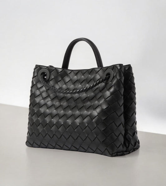 Alyn | Black Woven Midi Leather Tote Bag – Effortless Elegance & Timeless Appeal