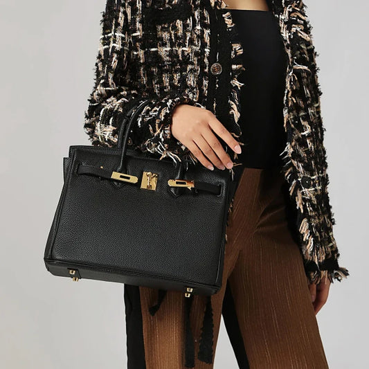 Isla | Classic Black Leather Satchel – Elegant Work Handbag with Gold Lock