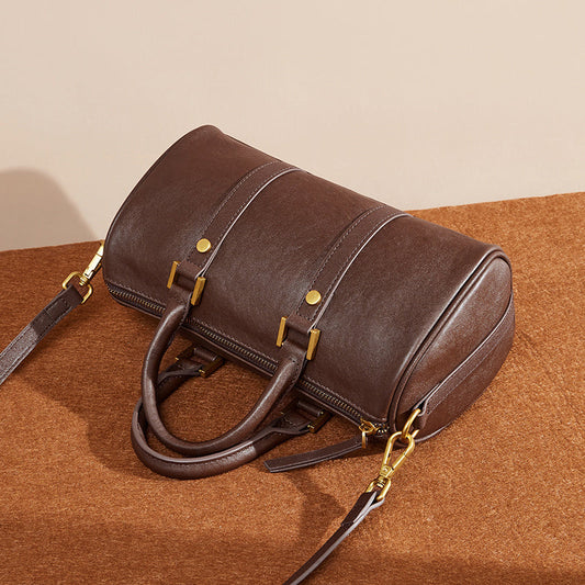 Camille | Brown Leather Duffle Satchel – Classic & Chic