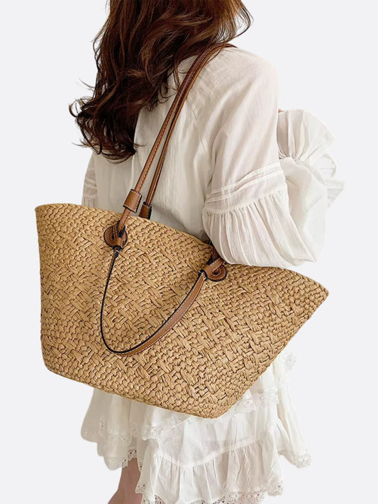 Structured Woven Tote Bag with Faux Leather Handles – Elegant Summer Shopper