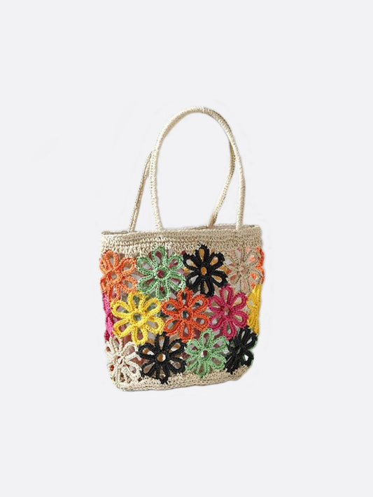 Floral Crochet Woven Tote Bag – Handmade-Style Summer Shoulder Bag