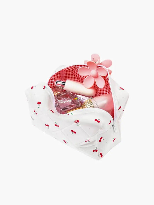Selmara | Quilted Cherry Print Cosmetic Bag – Playful & Practical