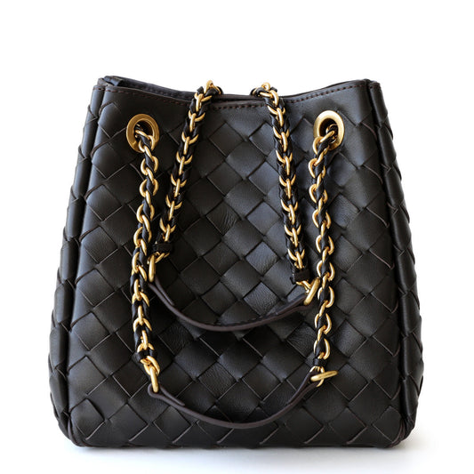 Sorelle | Black Woven Leather Chain Tote – Bold & Elegant
