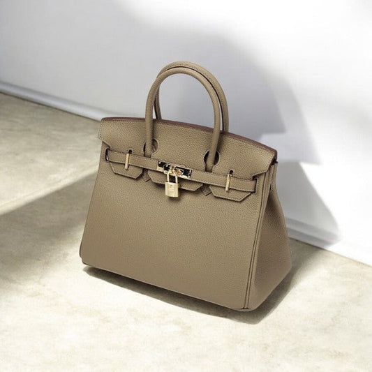 Isla | Khaki Genuine Leather Satchel – Minimal Luxury Work Bag with Gold Lock