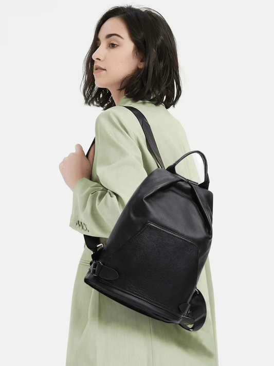 Vera | Sleek Black Drawstring Leather Backpack – Minimalist Edge