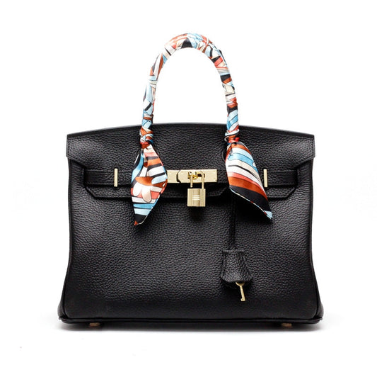 Isla | Black Structured Handbag with Scarf – Timeless & Chic