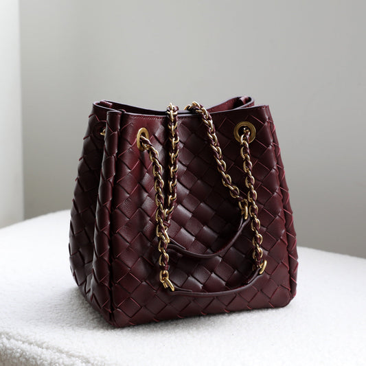 Zerina | Burgundy Woven Leather Chain Tote – Bold & Sophisticated