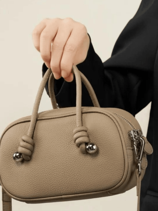 Yvessia | Taupe Mini Leather Handbag – Chic & Contemporary