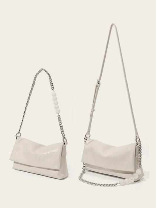 Xelara | Pearl & Chain Accent Foldover Shoulder Bag – Minimalist Elegance