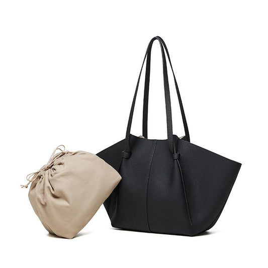 Ava | Black Leather Tote Bag with Pouch – Minimalist & Functional