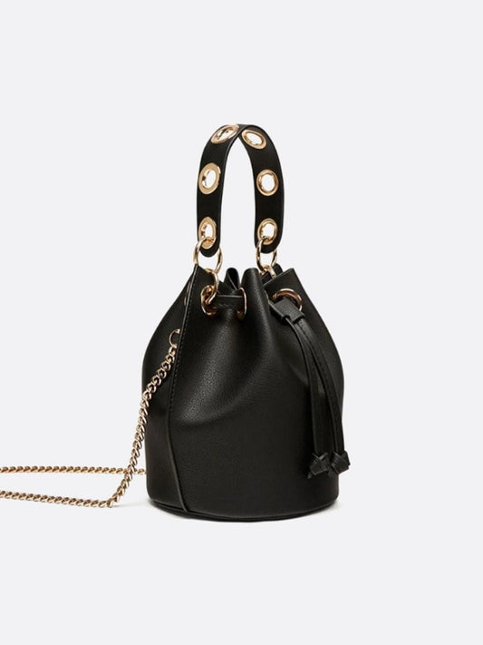 Mini Black Bucket Bag – Drawstring Faux Leather Handbag
