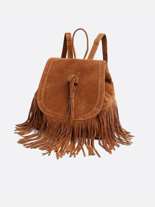 Savannah Fringe Backpack – Suede-Effect Drawstring Rucksack with Boho Tassels