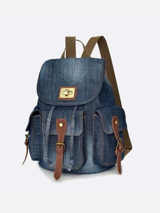Ryder Denim Backpack – Vintage Utility Jean Bag with Pockets & Faux Leather Trim