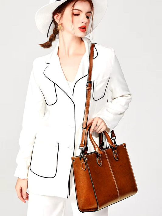 Vintage-Style Camel Leather Tote Bag – Professional & Timeless