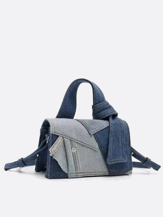 Rebel Denim Patchwork Bag – Jean-Inspired Handbag with Top Handle & Tie Detail