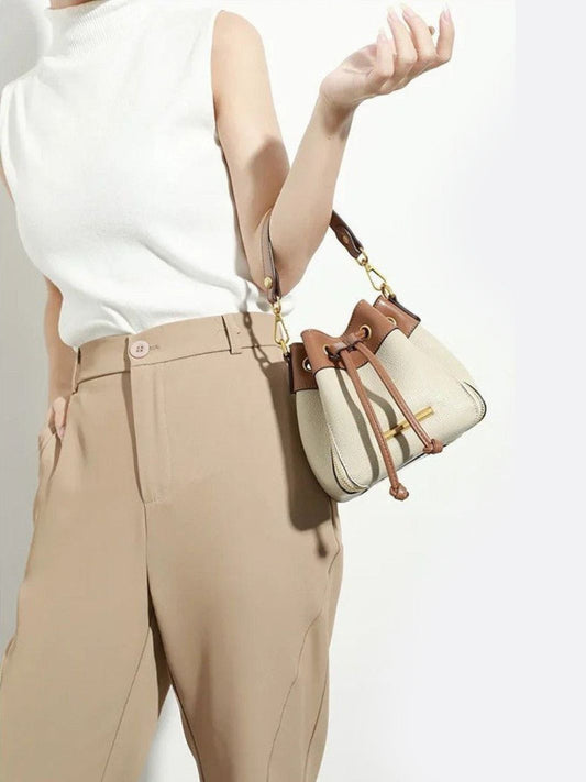 Beige & Brown Drawstring Bucket Bag – Two-Tone Faux Leather Handbag