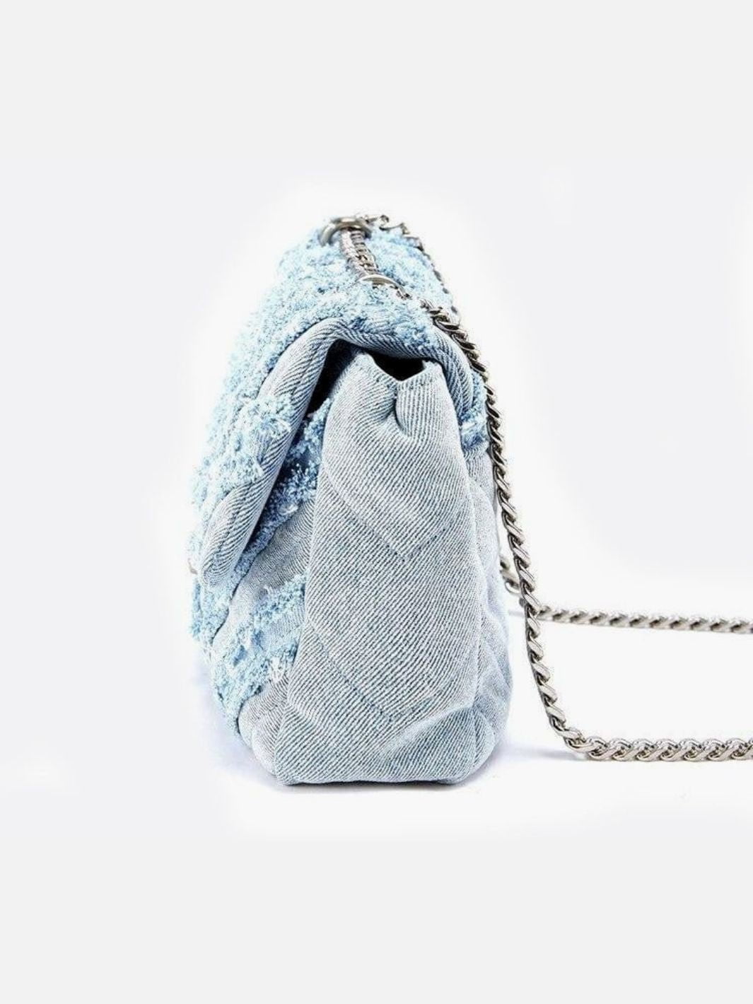 Nova Denim Chevron Crossbody – Frayed Jean Shoulder Bag with Chain Strap