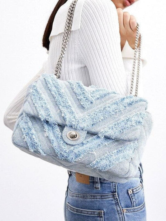Nova Denim Chevron Crossbody – Frayed Jean Shoulder Bag with Chain Strap