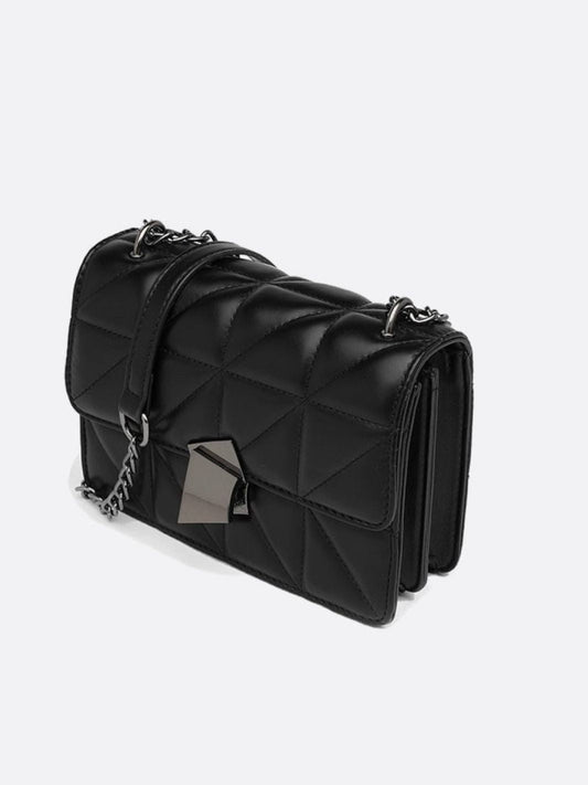 Geometric Clasp Quilted Crossbody Bag – Black Faux Leather Shoulder Bag
