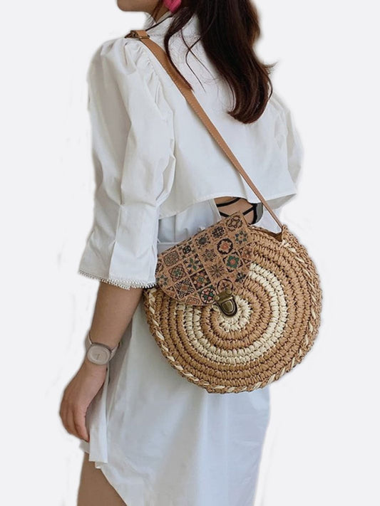 Round Woven Crossbody Bag with Patterned Flap β Boho Chic