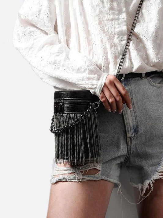 Black Cylinder PU Leather Fringe Bag – Edgy, Glam & Statement-Making