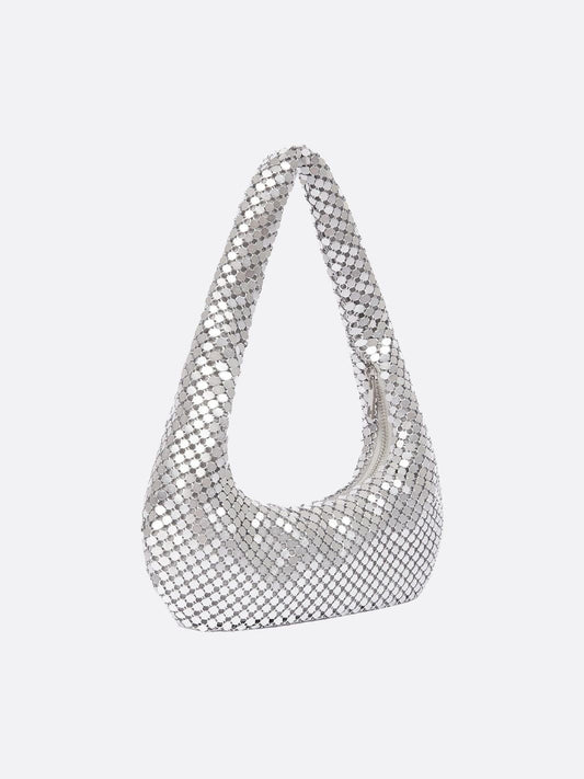 Shoulder bag with sequin mesh and curved silhouette