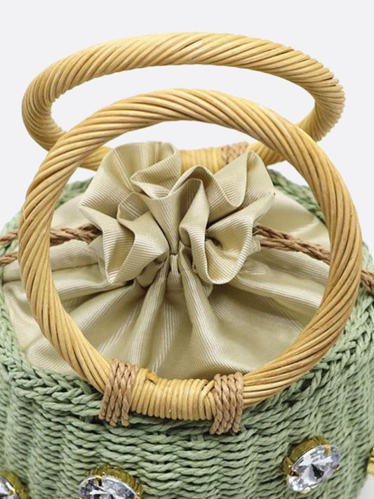 Luna Mini Gem-Embellished Bucket Bag – Woven Handle Purse