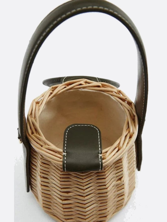 Aurora Rattan Mini Bucket Bag – Woven Handbag with Faux-Leather Trim & Strap