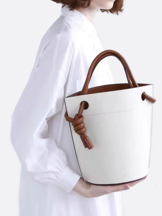 White Minimalist Bucket Bag – Faux Leather with Knotted Handle Detail