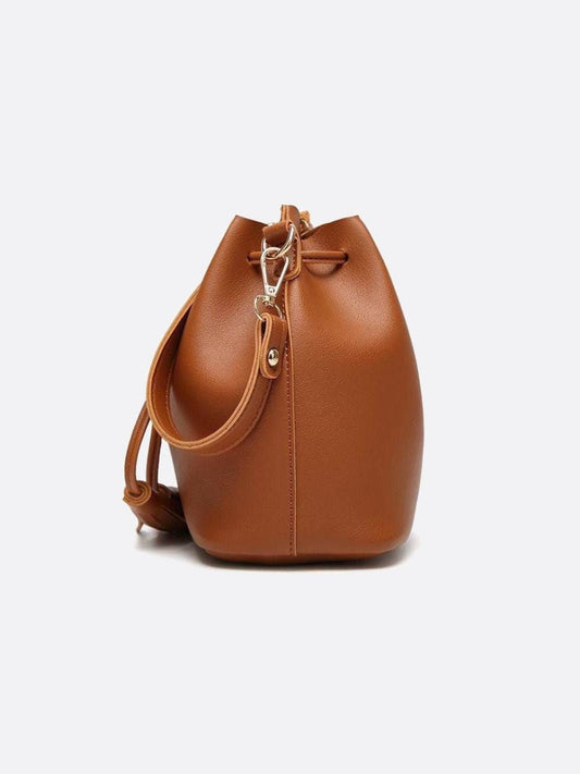 Camel PU Leather Bucket Bag with Tassels – Chic, Compact & Versatile