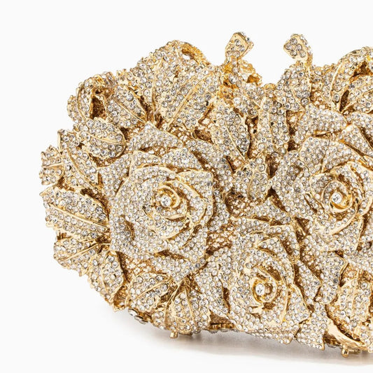 Lioris | Gold Rose Crystal Evening Clutch – Luxurious Bloom