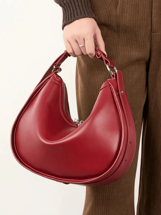 Esmirelle | Luxe Red Leather Crescent Bag – Bold & Chic