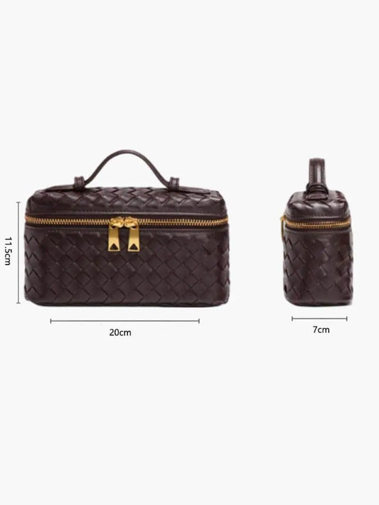Luxe Woven Box Bag | Elegant Dark Brown Crossbody with Gold Zipper