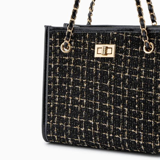Clara | Black Tweed & Chain Shoulder Bag – Chic Sophistication
