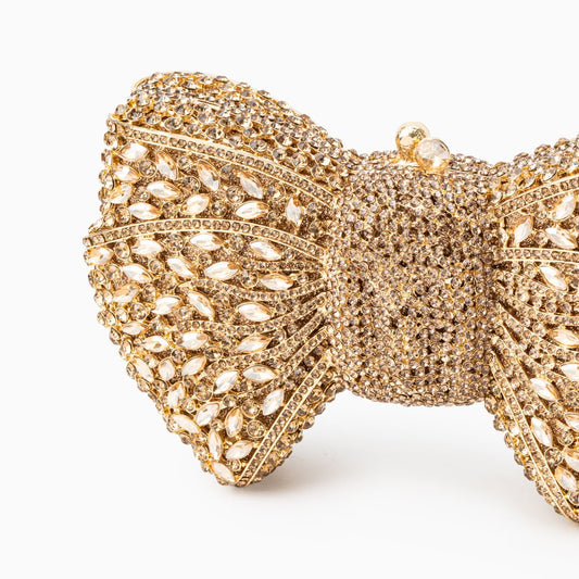 Celeste | Crystal Embellished Gold Bow Evening Clutch – Elegant Charm