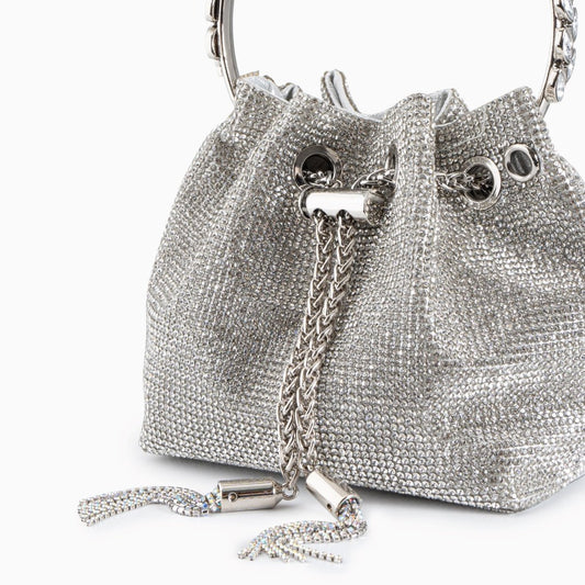 Velmira | Silver Crystal Embellished Bucket Bag – Dazzling & Glamorous