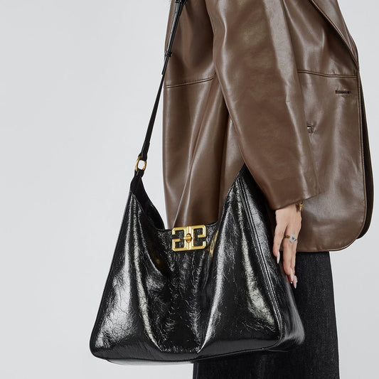 Isla | Glossy Black Leather Shoulder Bag – Timeless Elegance & Modern Chic