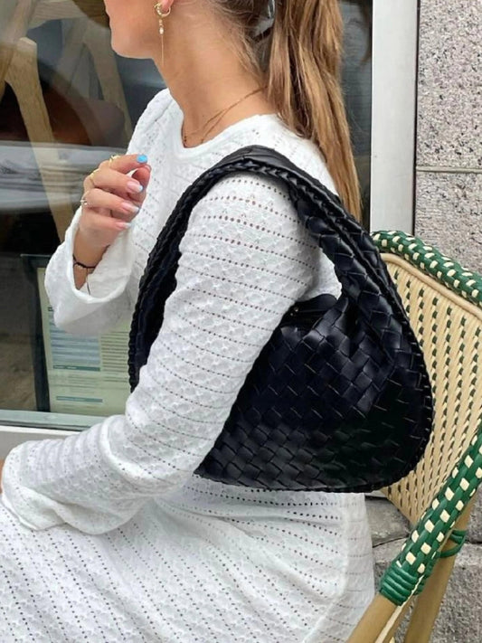 Vaeslyn | Luxe Black Woven Leather Handbag – Elegant & Timeless