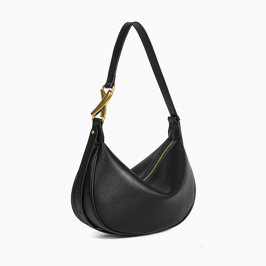 Luna Crescent Shoulder Bag – Black Genuine Leather with Gold Hardware