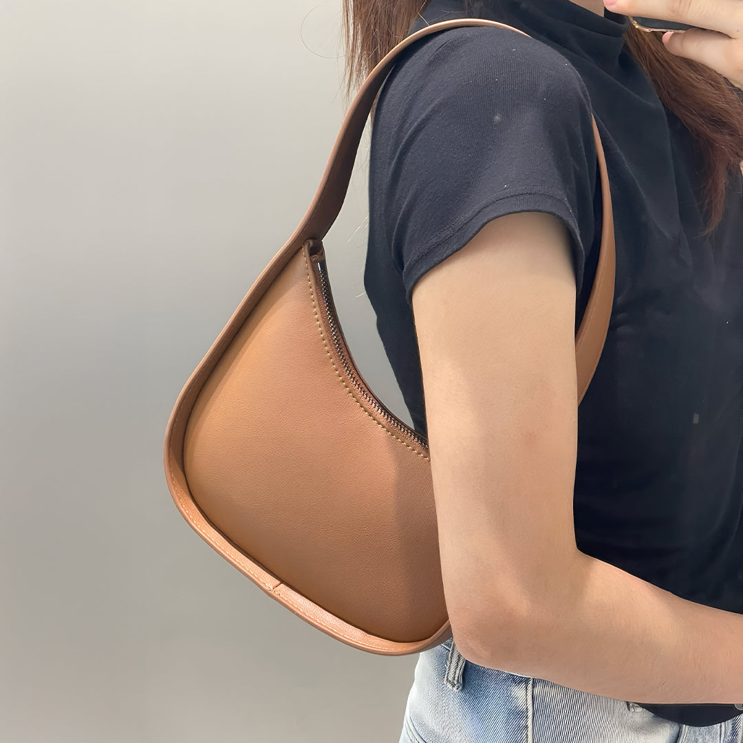 Curved Camel Leather Shoulder Bag for Women – Minimalist Everyday Style