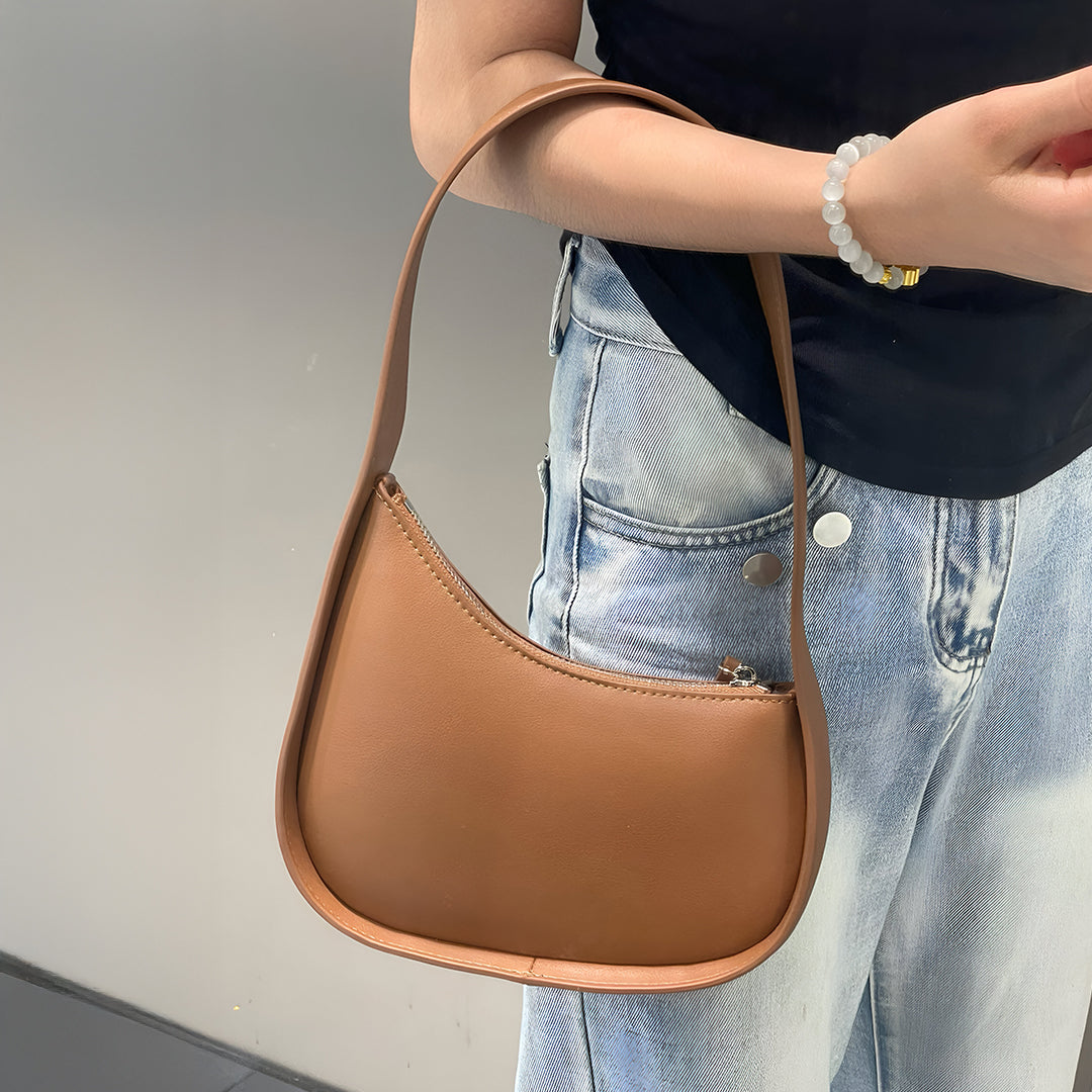 Curved Camel Leather Shoulder Bag for Women – Minimalist Everyday Style