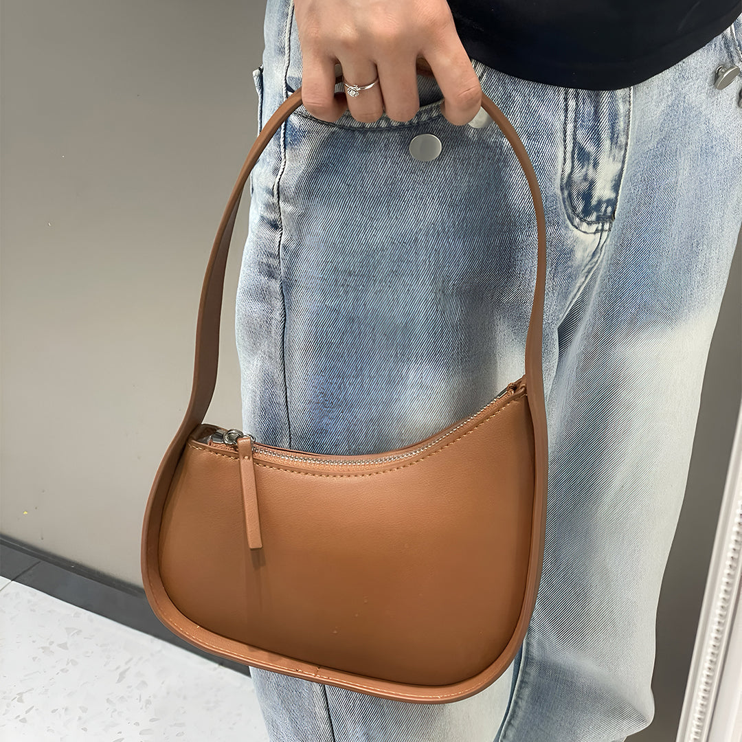 Curved Camel Leather Shoulder Bag for Women – Minimalist Everyday Style