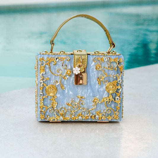 Luxury Gold Embellished Acrylic Evening Clutch Bag – Designer Box Purse for Weddings & Special Occasions